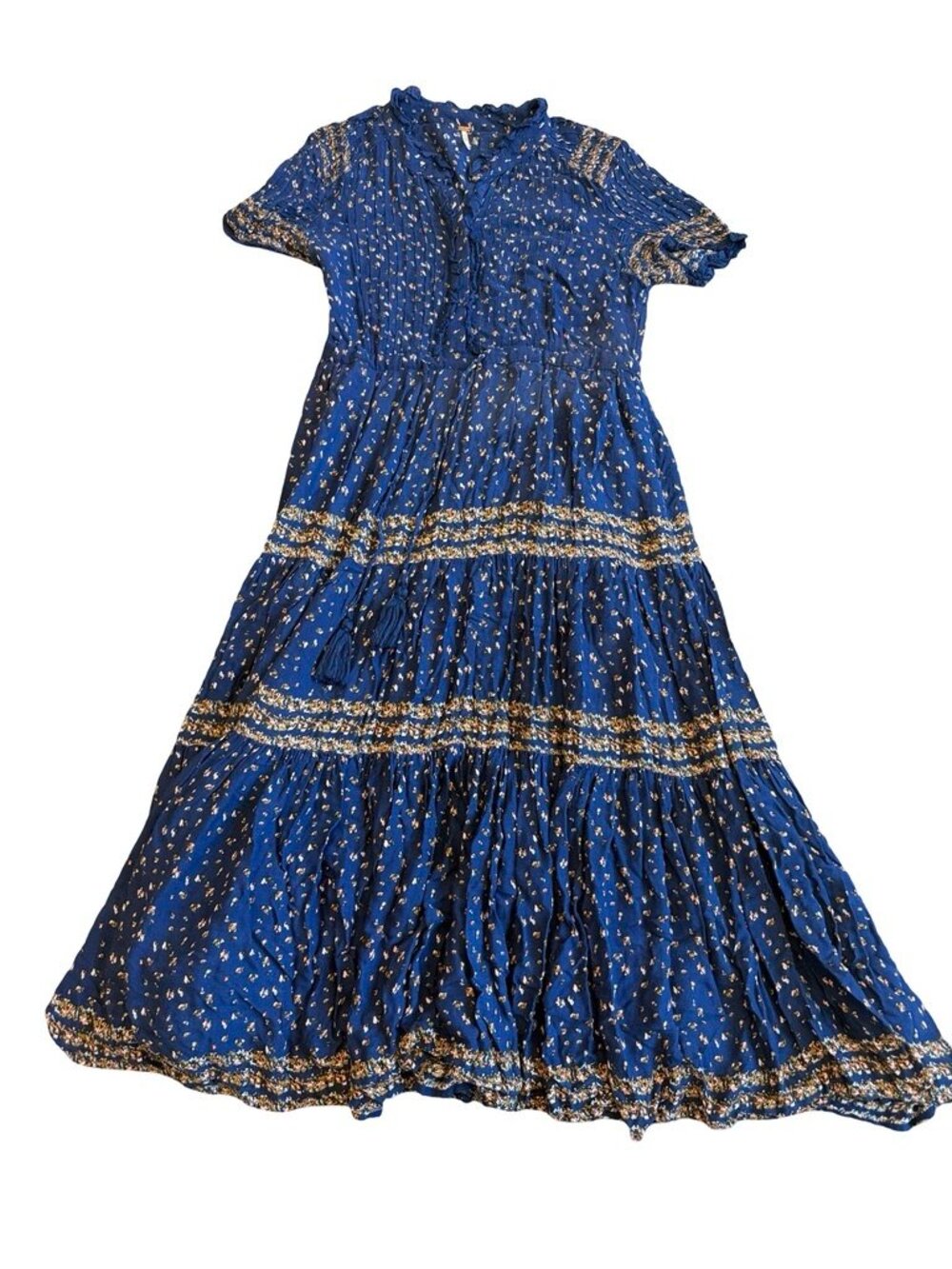 Free People Navy Blue Ditsy Floral Tiered Maxi Dress Boho Prairie Medium Women's